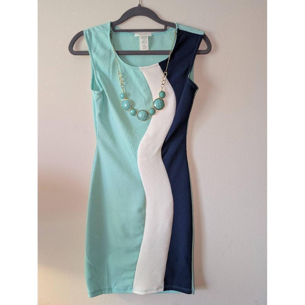 Belinda Dress Womens Small Teal White Color Block Decorative Necklace Retro